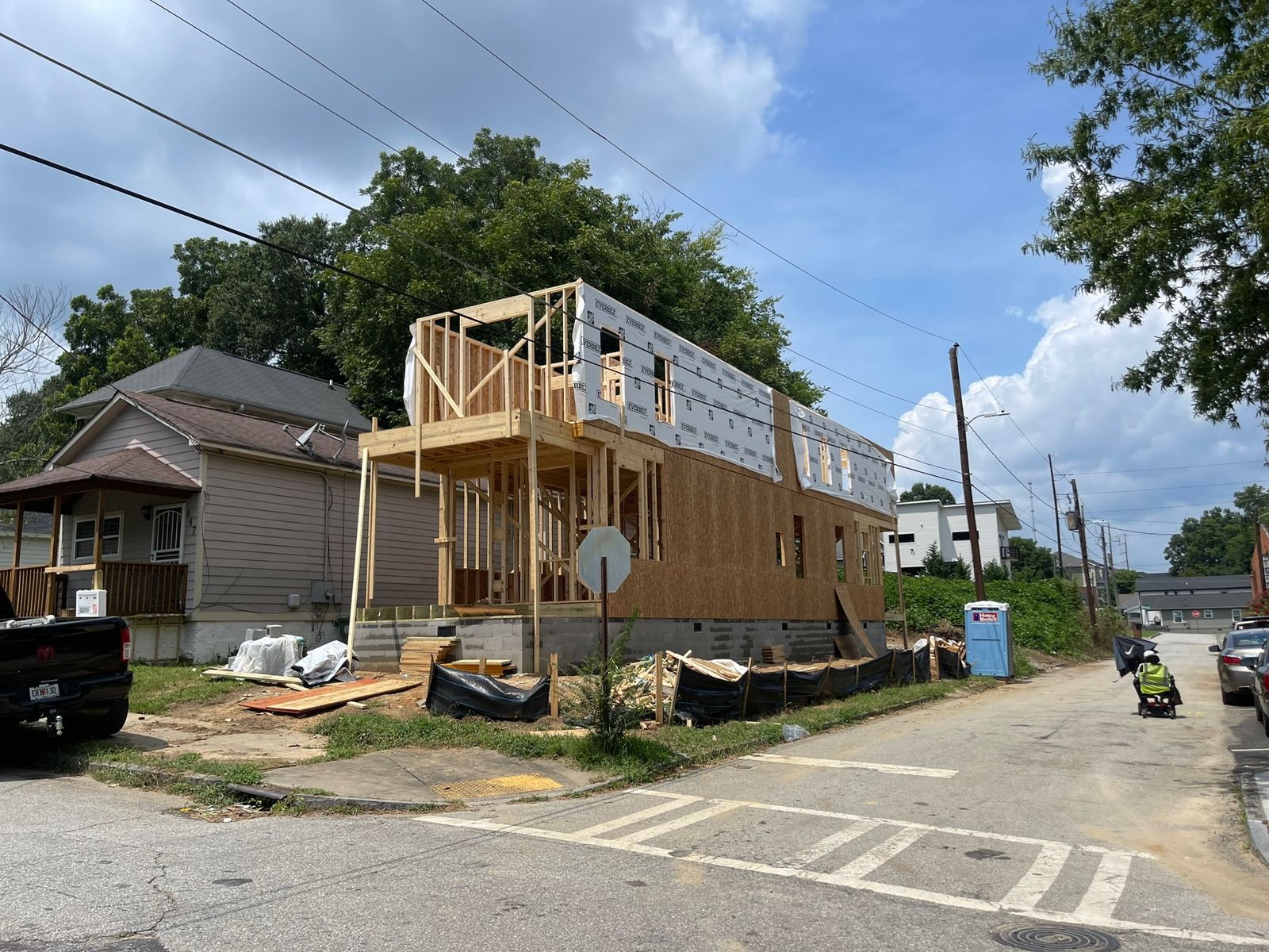 Wood framing for a three-story home with stacked front porches